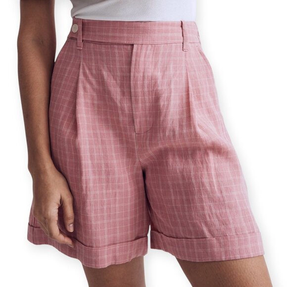 MADEWELL Cafe Pink The Harlow Check Short Size 8 Linen 6" Inseam Preppy Relaxed - Picture 1 of 9